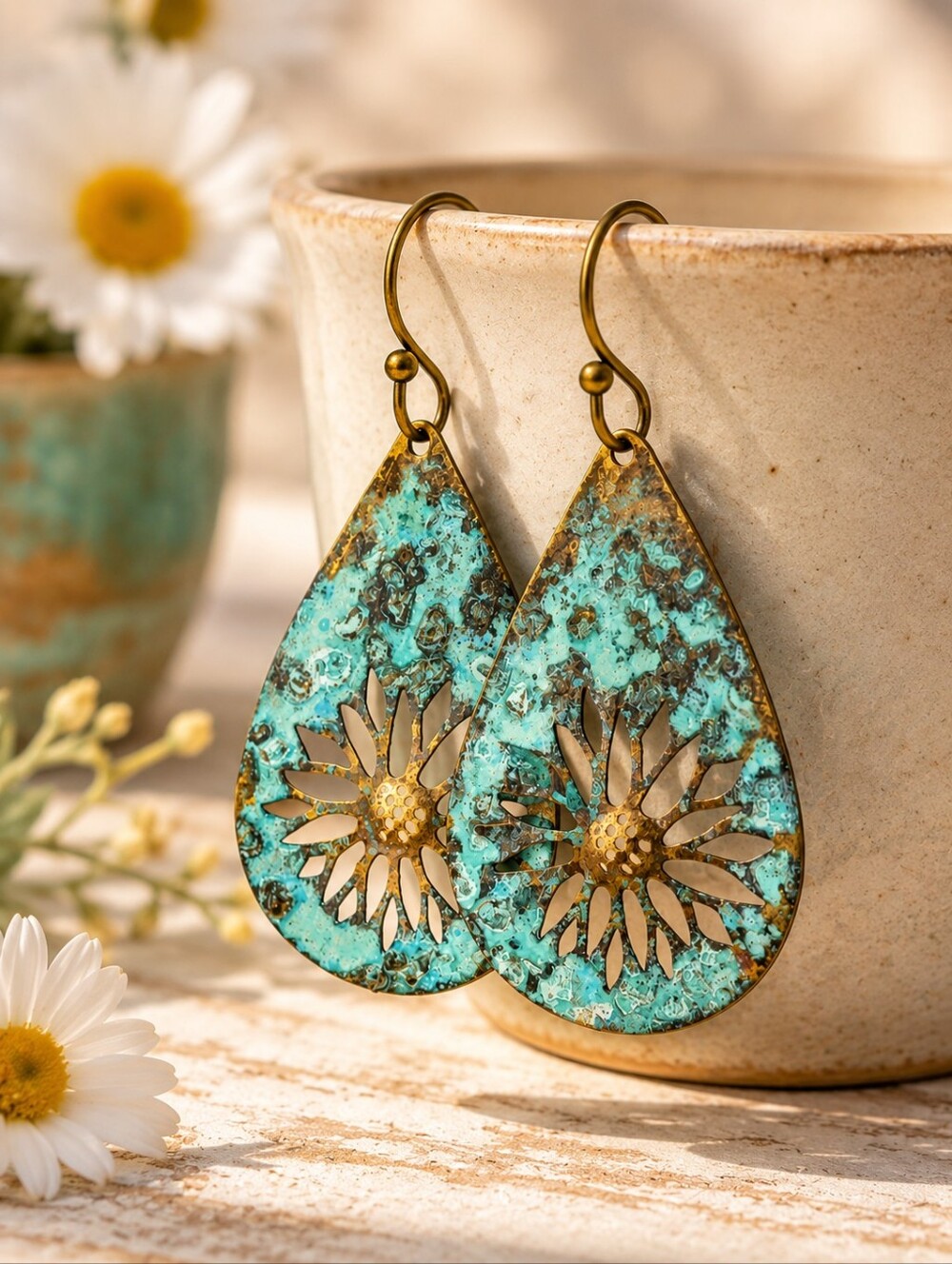 Desert Flower Earrings Weathered Turquoise Patina Artisan Jewelry Handcrafted